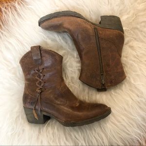 Born Brown Leather Western Ankle Boots Size 6